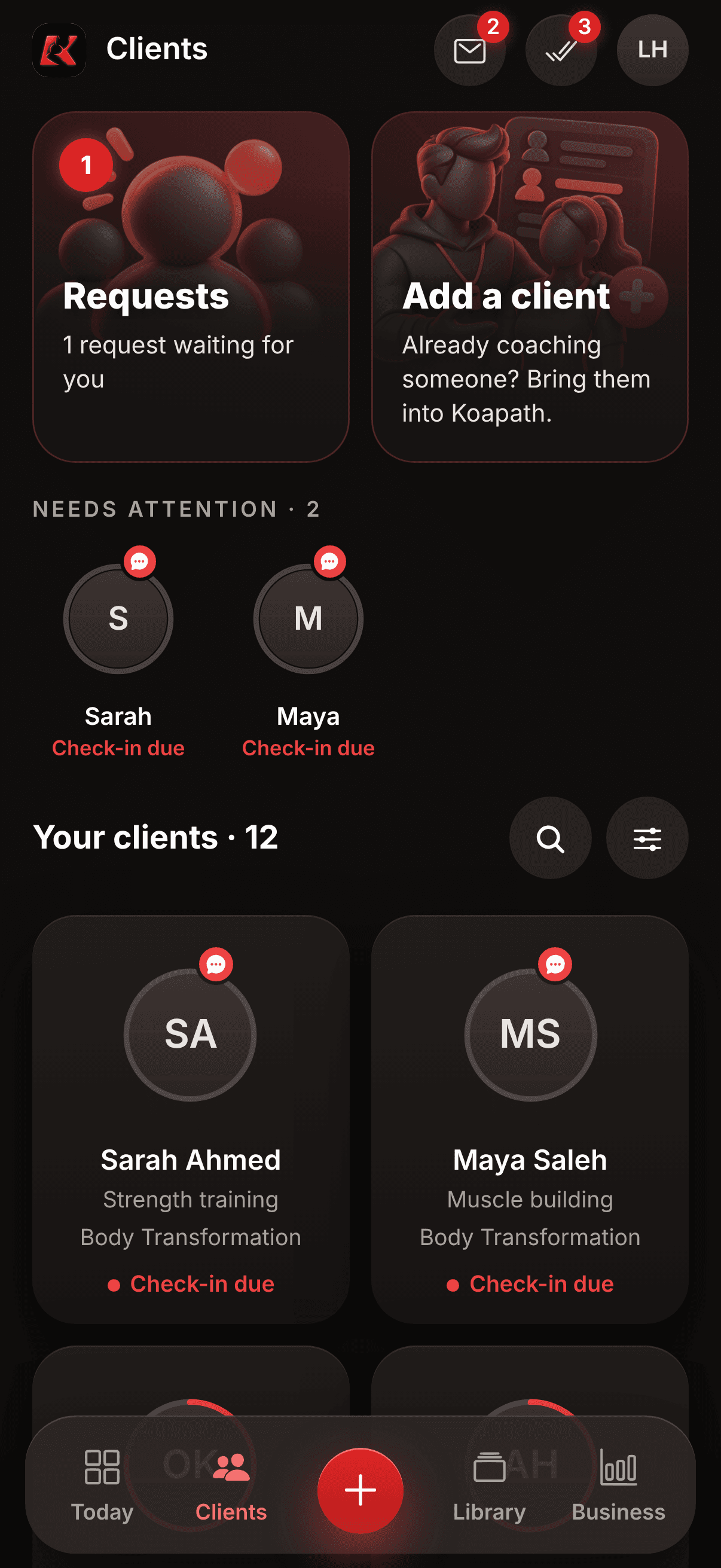 Koapath Coach app — Clients screen