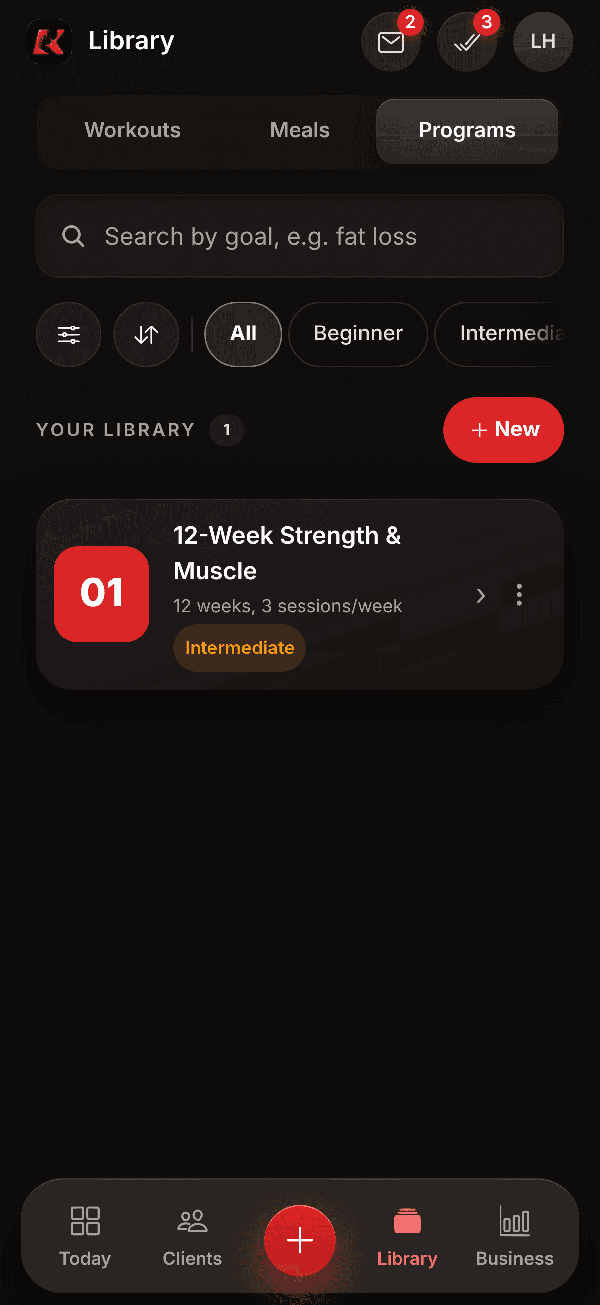 Koapath Coach app — Library screen